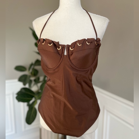 ZIMMERMAN Devi eyelet-embellished cutout underwired halterneck swimsuit 8/10 - Picture 11 of 12